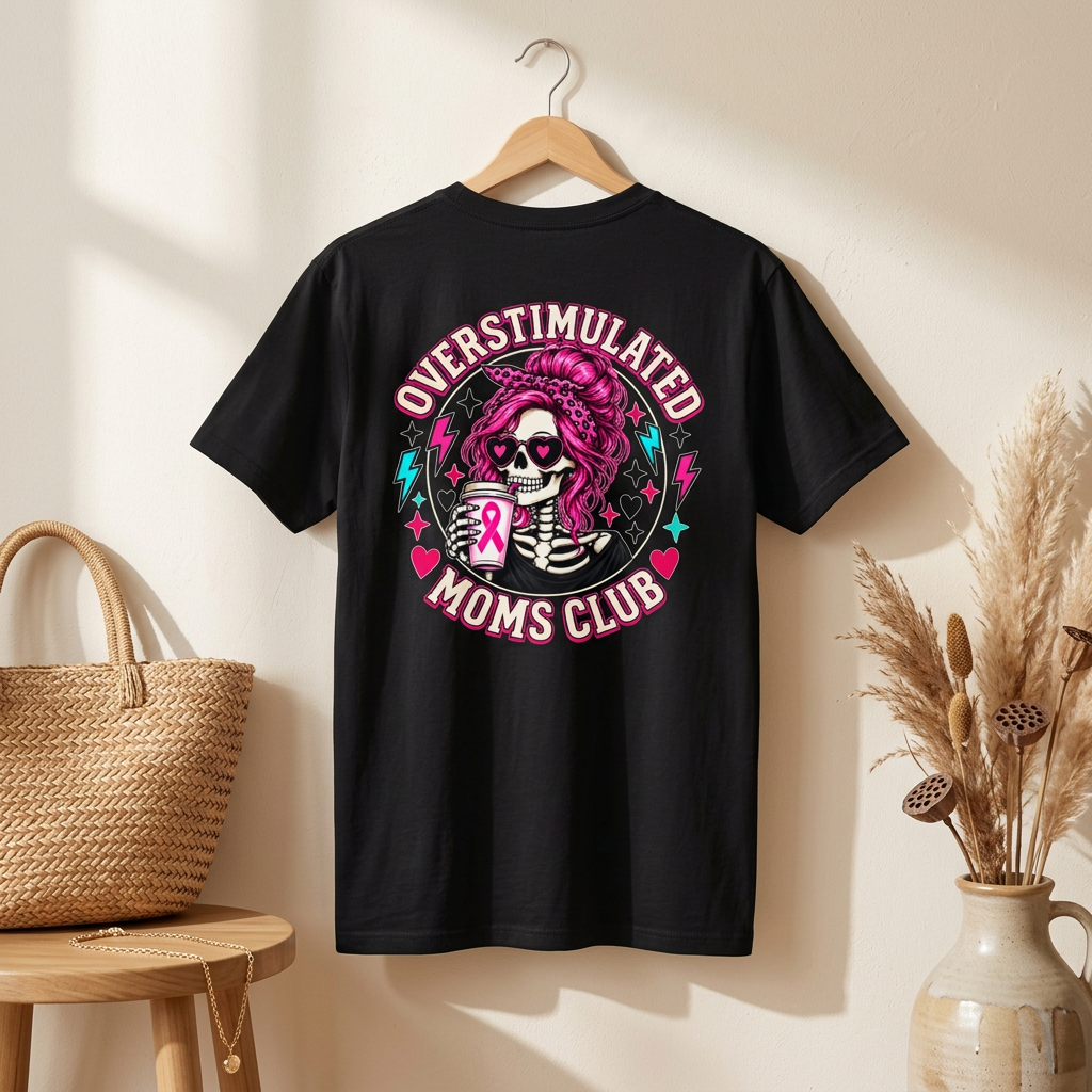 Back of the black Overstimulated Moms Club tee showing the full skeleton mom crest