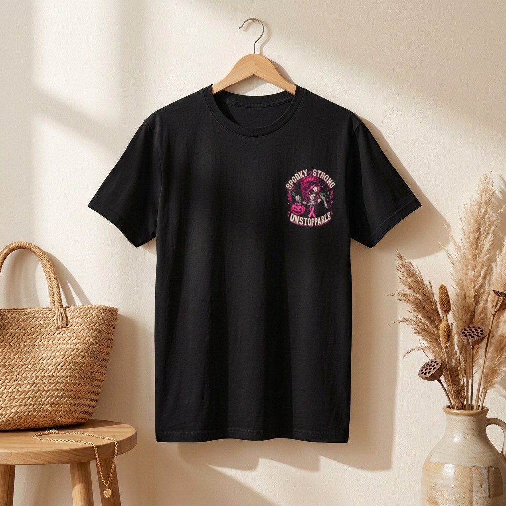 Front of the black Overstimulated Moms Club tee with the small Spooky Strong Unstoppable crest on the left chest